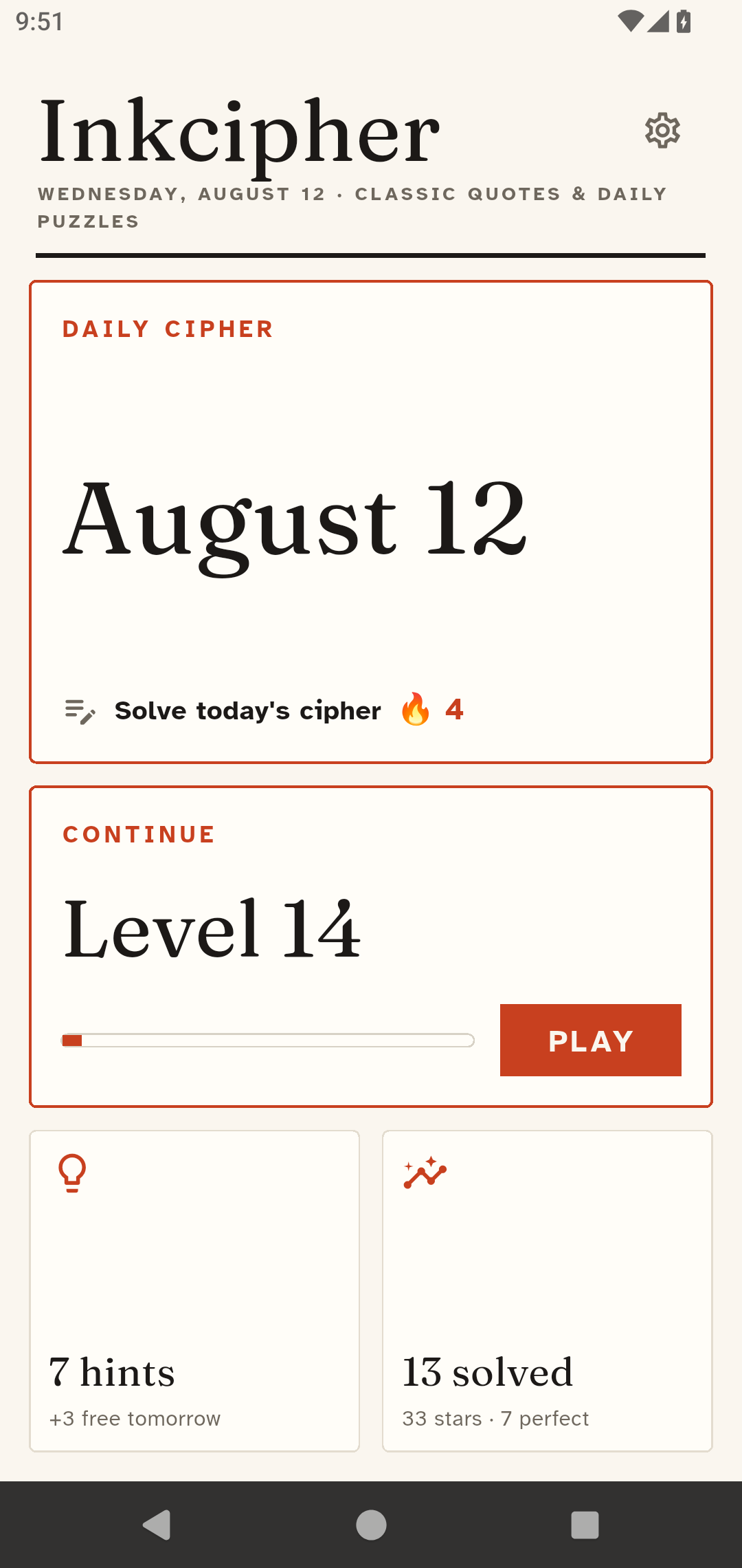 Inkcipher home — today's daily cipher, current level, hints and puzzles solved