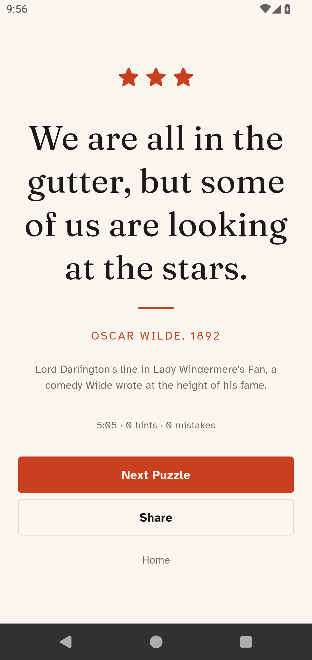 Inkcipher solved screen — the full quote with its author, year and context