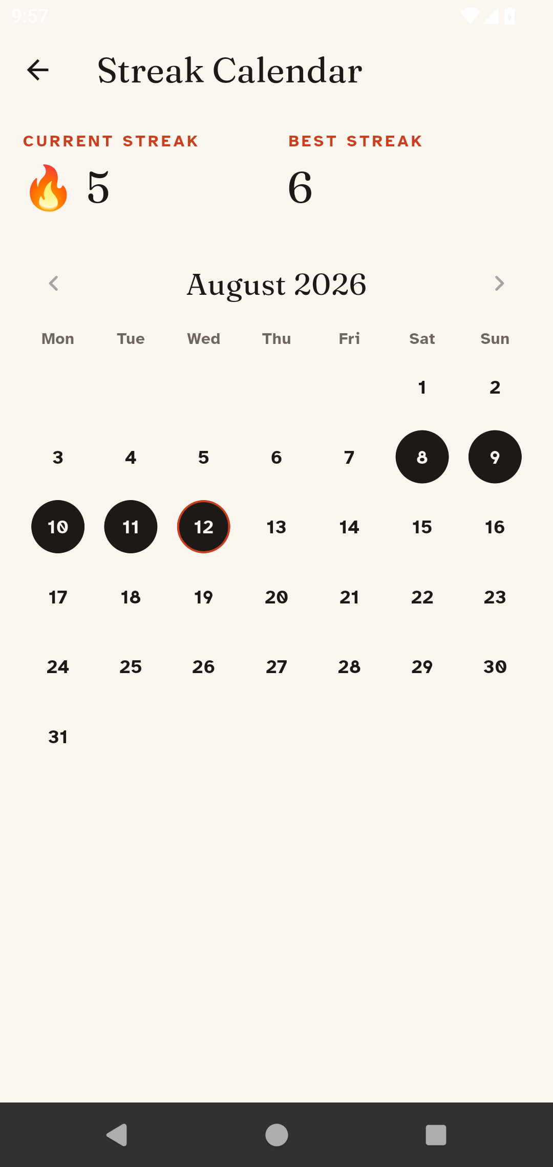Inkcipher streak calendar — days solved this month