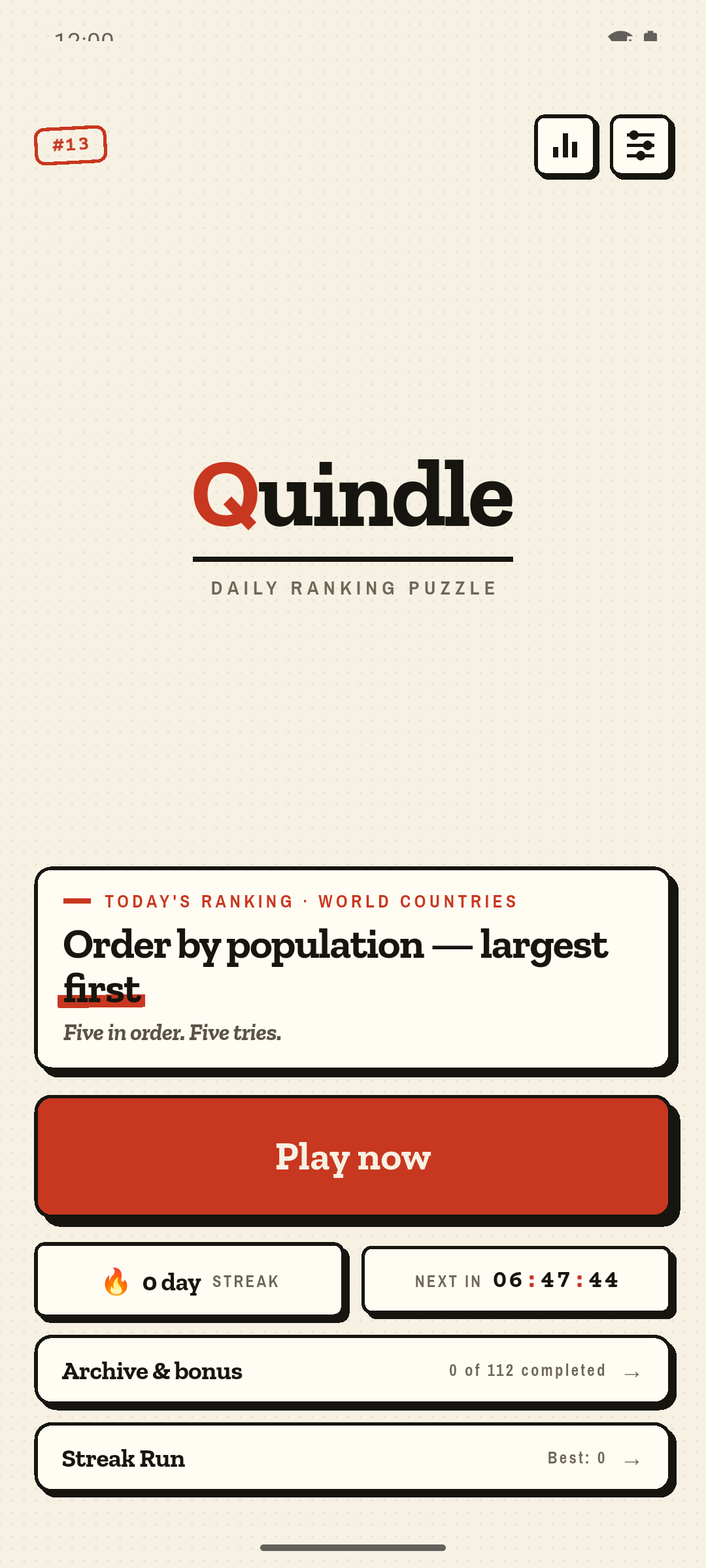 Quindle home — today's ranking, streak and countdown to the next puzzle