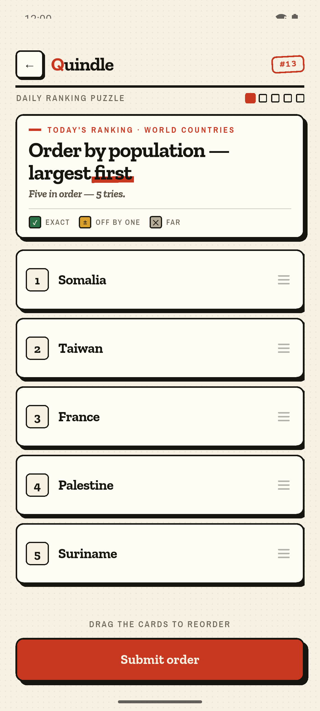 Quindle board — five countries to drag into the right order