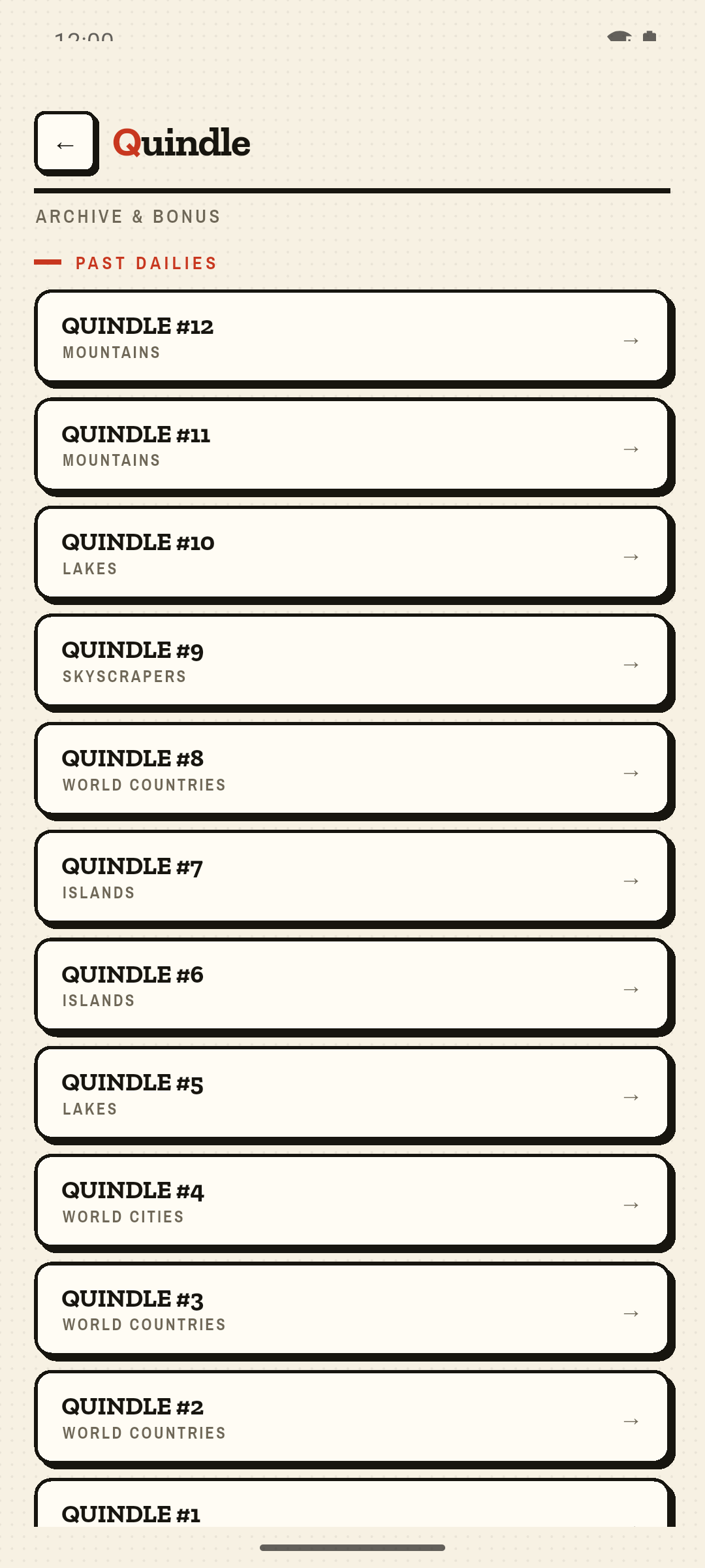 Quindle archive — every past puzzle, free to catch up on