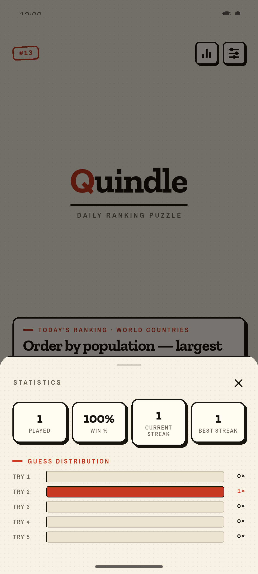 Quindle stats — streak, solve distribution and history